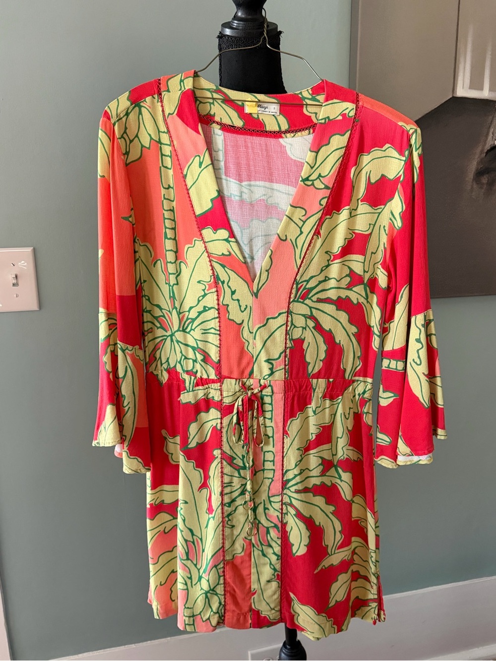 Anthropologie Coral-Red Tropical Palm Print Swim Cover-Up - Picture 4 of 4